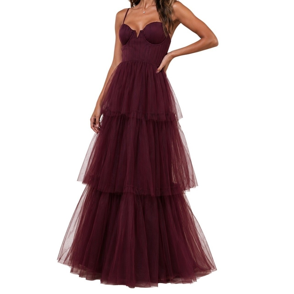 Lulus Burgundy Romantic Tiered Tulle Corset Formal Maxi Gown NWT L